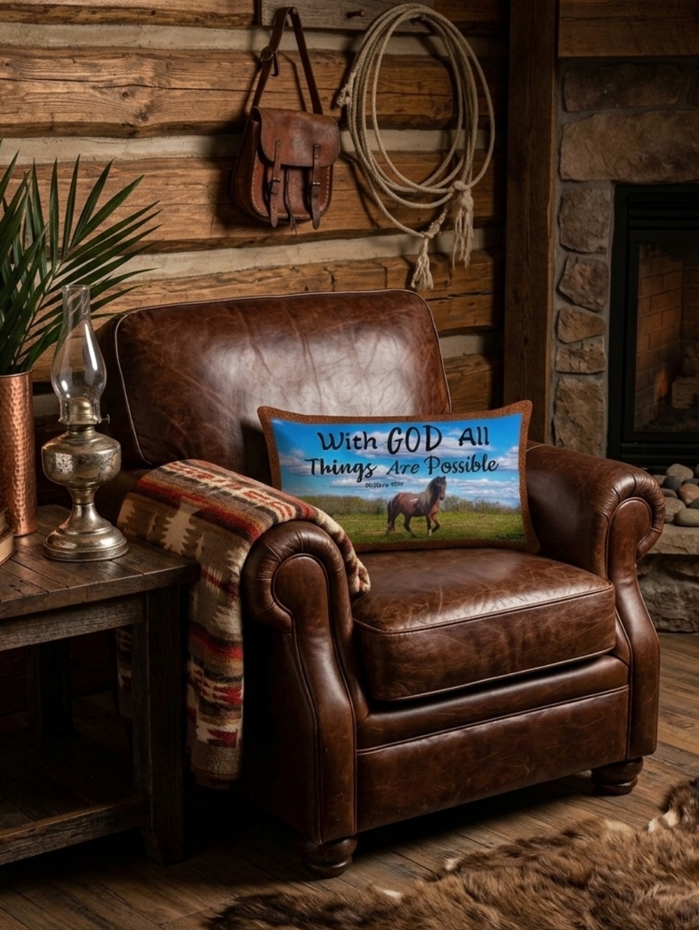 Decor pillow With God all is Possible horse western brown blue